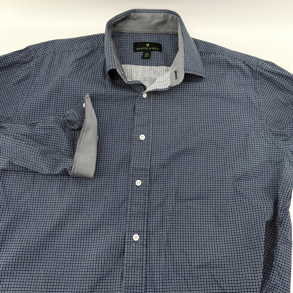 Bristol & Bull‎ Dress Shirt Mens L Blue Pattern Business Flip Cuff Button Front
